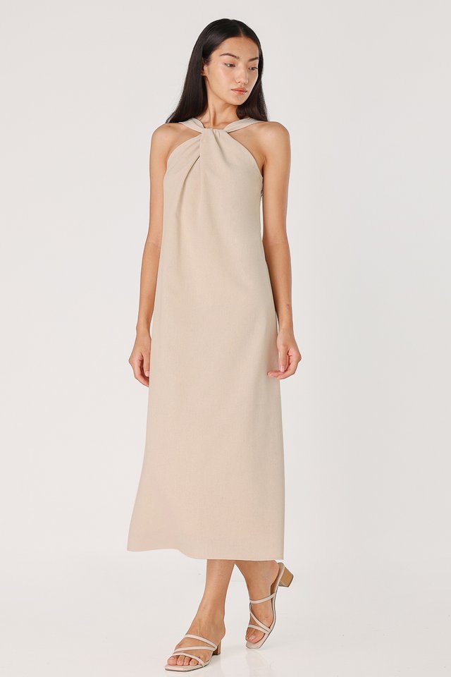 ADELINE LINEN TWIST FRONT HALTER DRESS (NATURAL)