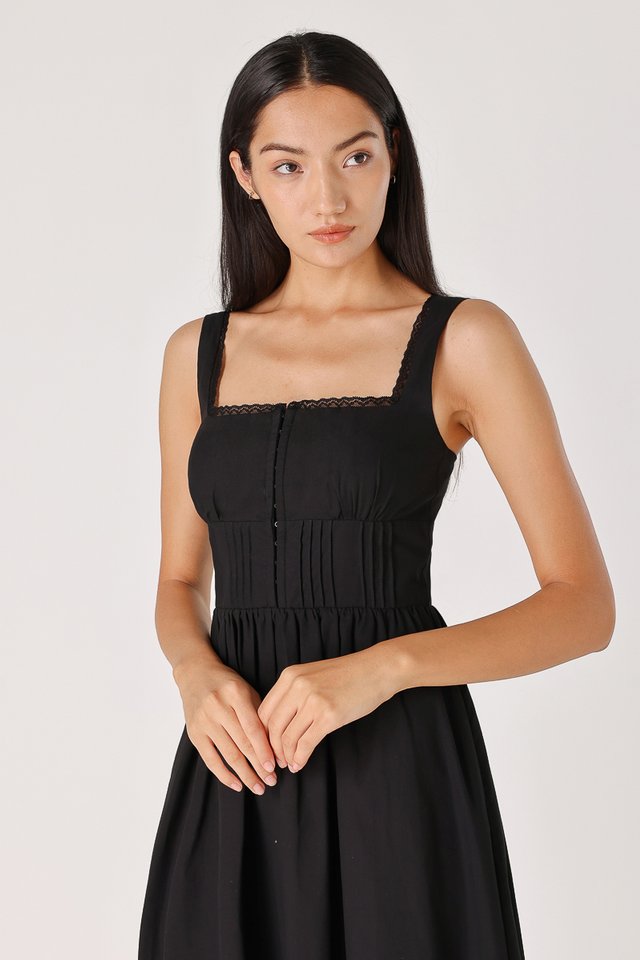 EILEEN PADDED PINTUCK LACE TRIM CORSET DRESS (BLACK)