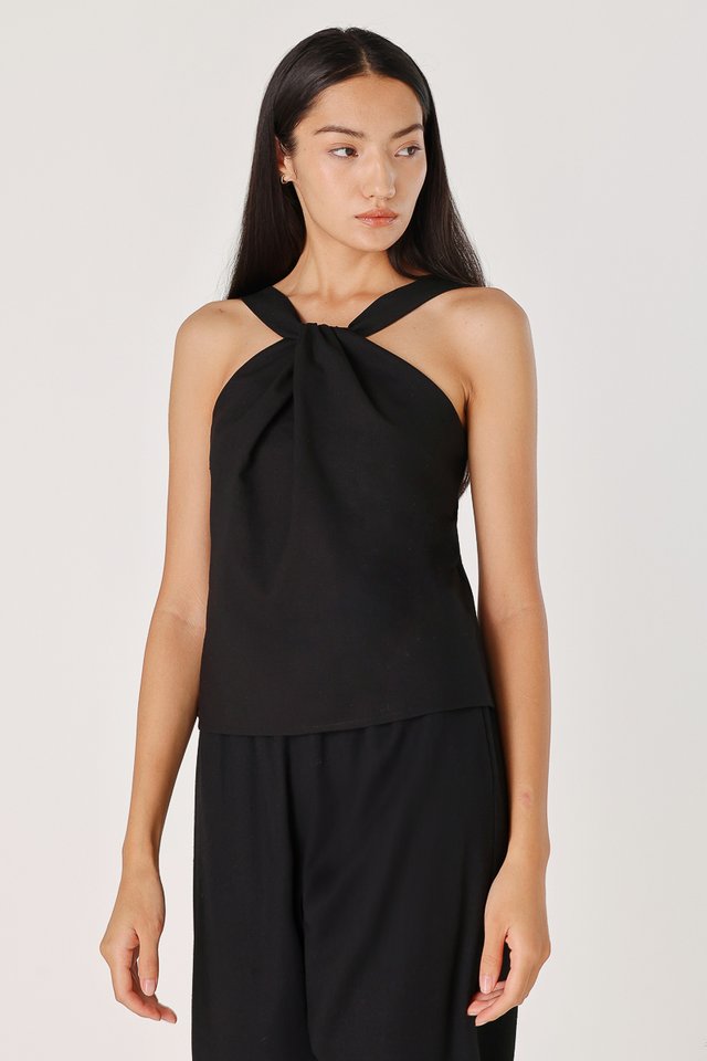 CLABELLE LINEN TWIST FRONT HALTER TOP (BLACK)