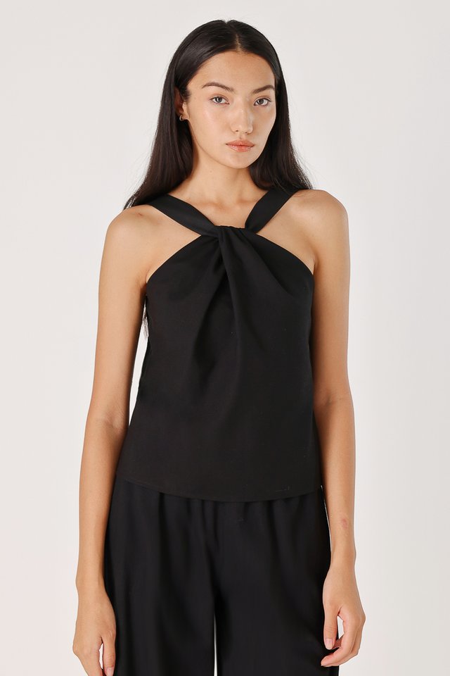 CLABELLE LINEN TWIST FRONT HALTER TOP (BLACK)