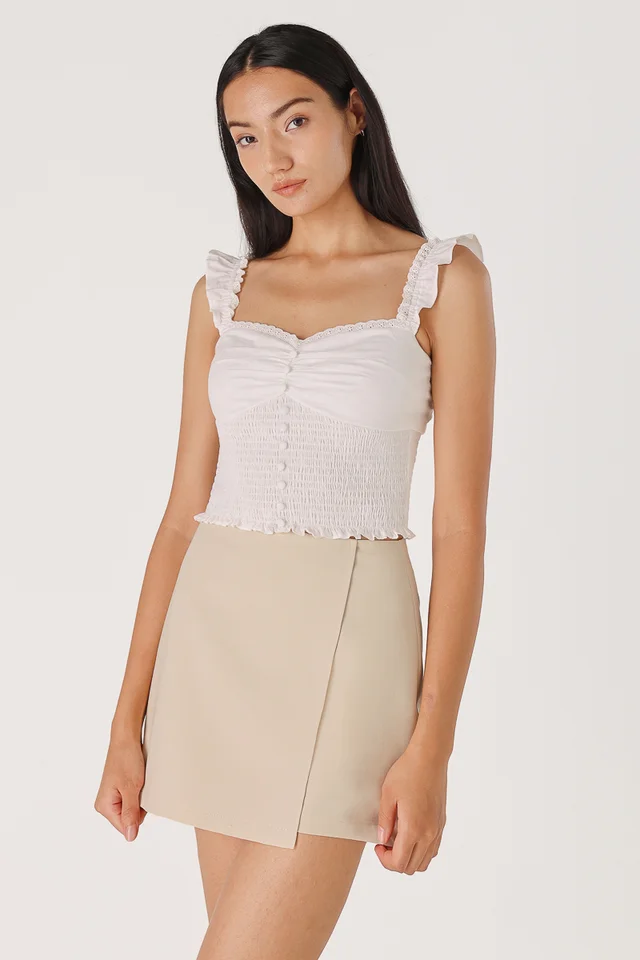 STELLE PADDED SMOCKED WAIST BUTTON TOP (WHITE)
