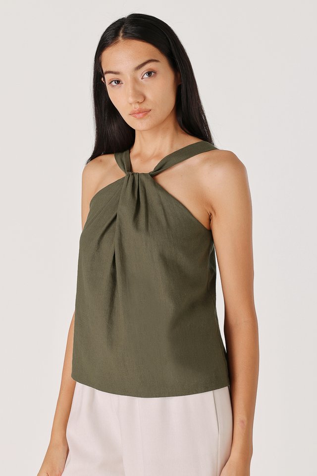 CLABELLE LINEN TWIST FRONT HALTER TOP (OLIVE)