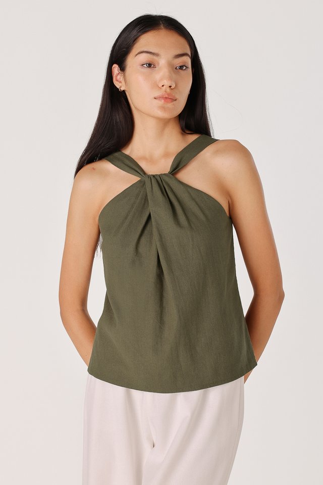 CLABELLE LINEN TWIST FRONT HALTER TOP (OLIVE)