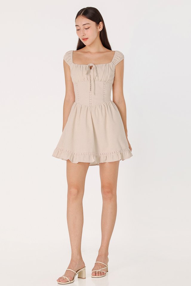 HAZEL PADDED LINEN EYELET CORSET MINI DRESS (NATURAL) 