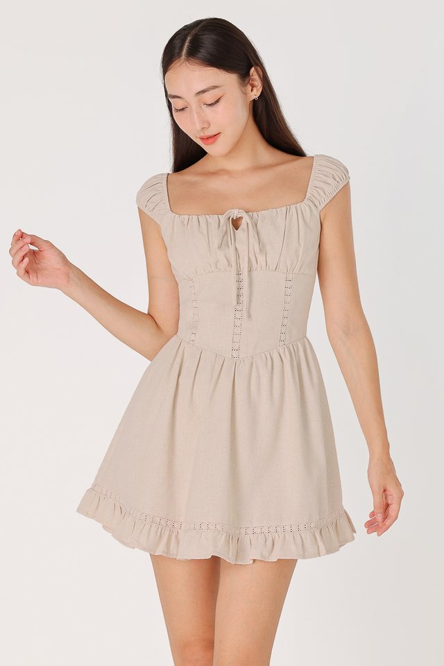 HAZEL PADDED LINEN EYELET CORSET MINI DRESS (NATURAL) 