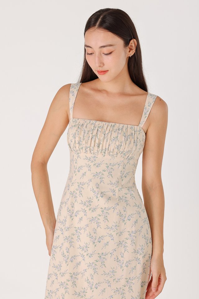 DELPHINE PADDED FLORAL LINEN BUSTIER PLEAT MIDAXI DRESS (FLORAL) 