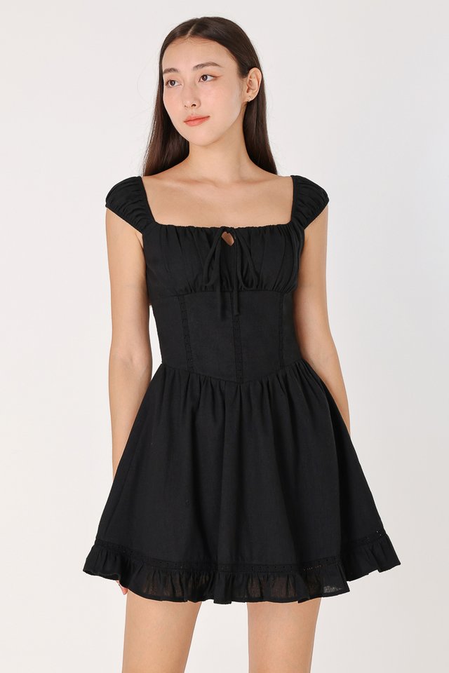 HAZEL PADDED LINEN EYELET CORSET MINI DRESS (BLACK) 