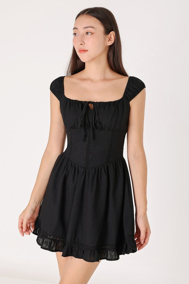 HAZEL PADDED LINEN EYELET CORSET MINI DRESS (BLACK) 