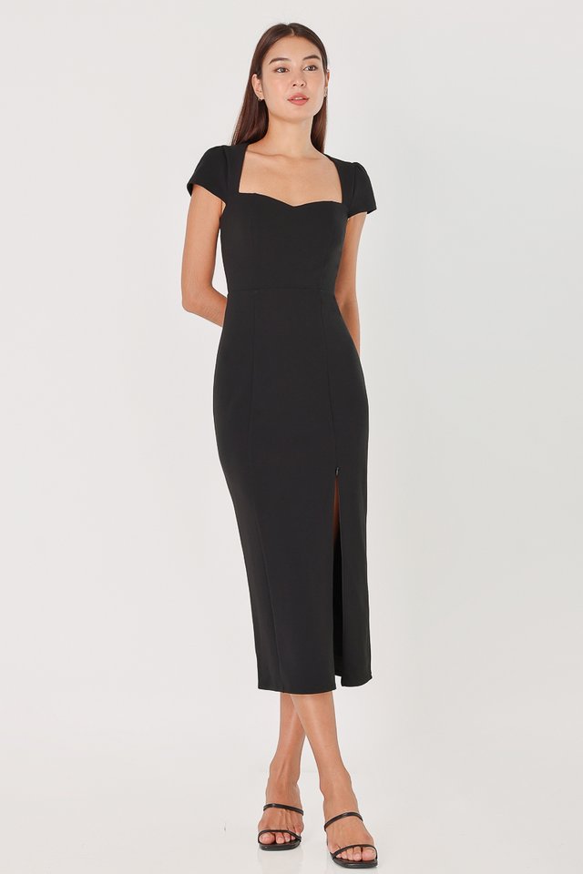 ORIELLE PADDED SWEETHEART MIDAXI SLIT DRESS (BLACK)