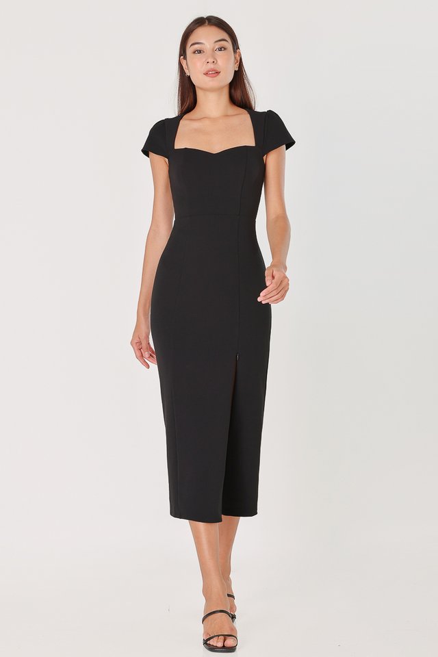 ORIELLE PADDED SWEETHEART MIDAXI SLIT DRESS (BLACK)