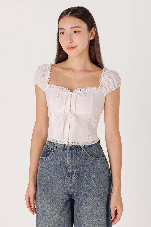 CIERA PADDED RIBBON CORSET CAP SLEEVE TOP (WHITE) 