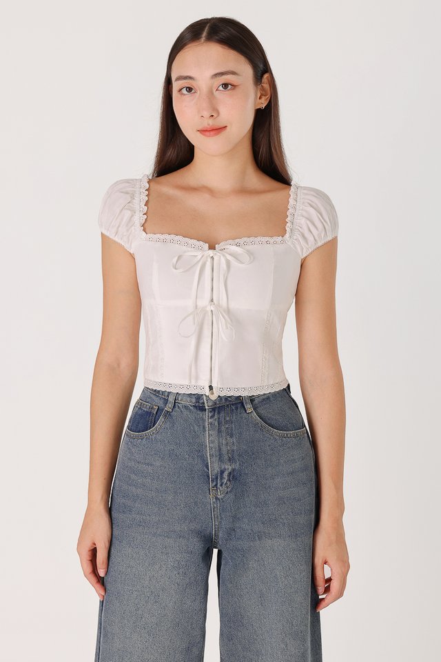 CIERA PADDED RIBBON CORSET CAP SLEEVE TOP (WHITE)