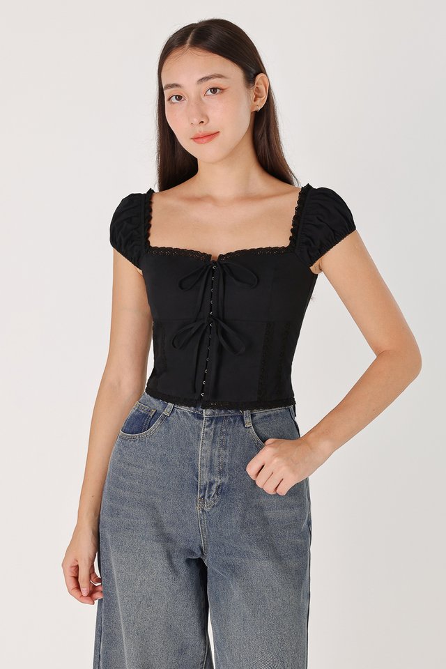 CIERA PADDED RIBBON CORSET CAP SLEEVE TOP (BLACK) 