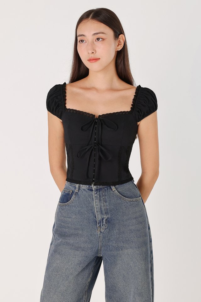 CIERA PADDED RIBBON CORSET CAP SLEEVE TOP (BLACK) 