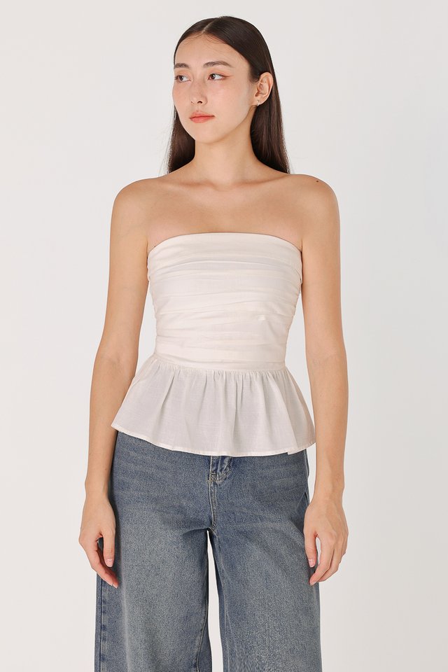 MAVIS PADDED LINEN RUCHED TWO-WAY PEPLUM TOP (WHITE) 