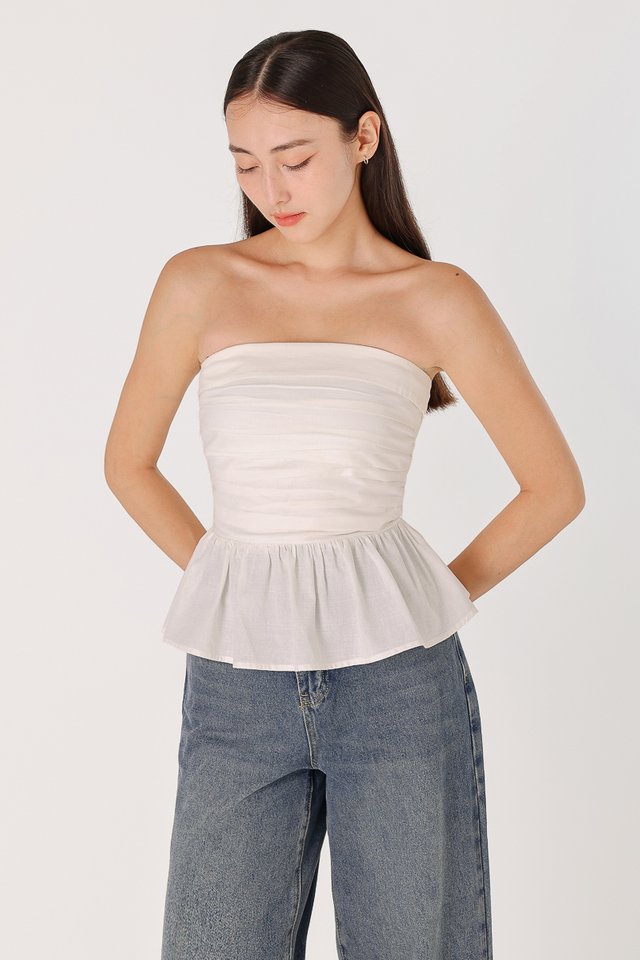 MAVIS PADDED LINEN RUCHED TWO-WAY PEPLUM TOP (WHITE) 