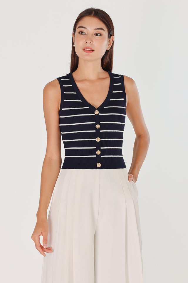 DANICA VINTAGE BUTTON STRIPED KNIT TOP (NAVY)