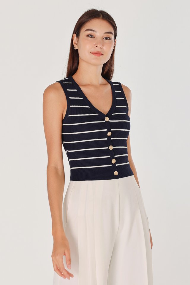 DANICA VINTAGE BUTTON STRIPED KNIT TOP (NAVY)