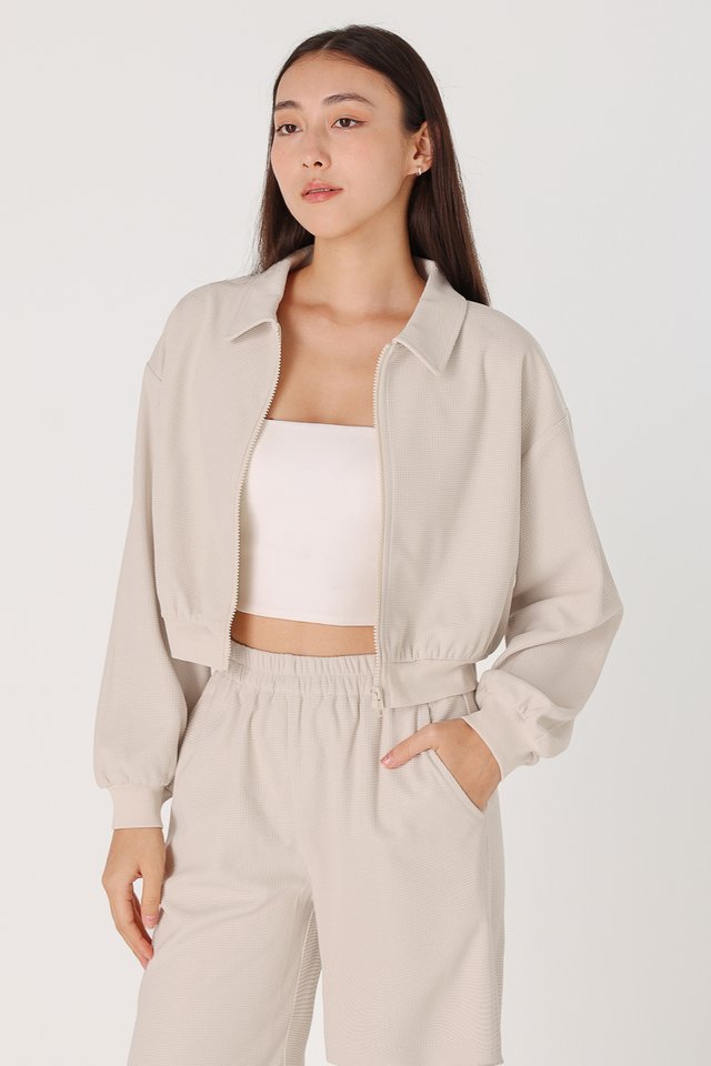 JOSIE WAFFLE KNIT COLLARED JACKET (OAT)