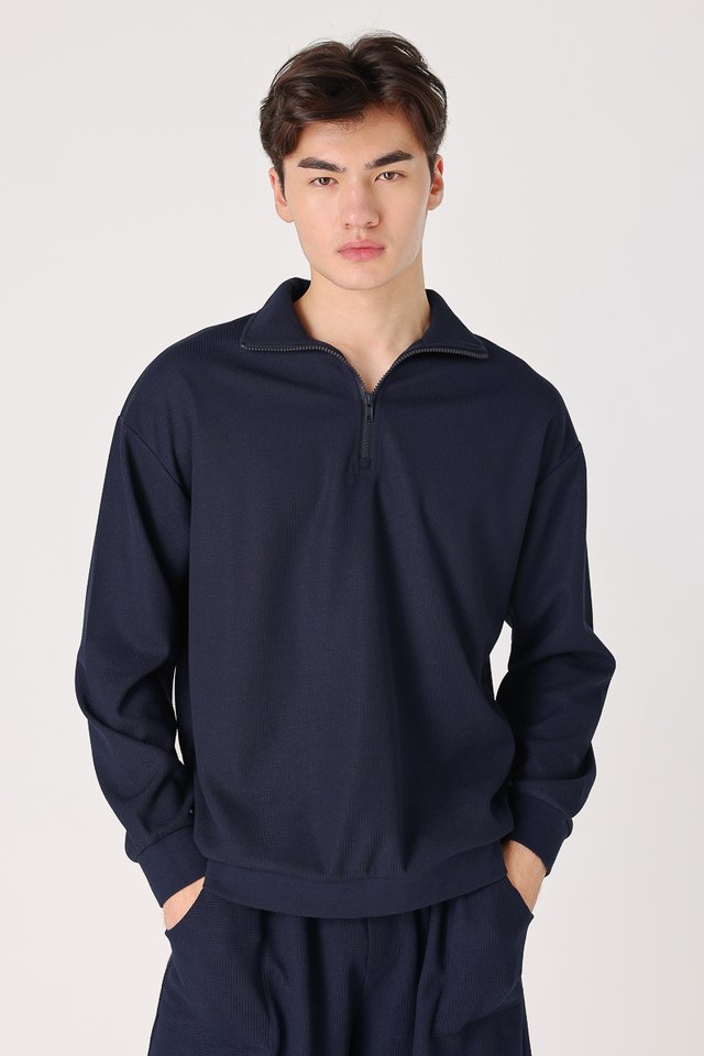 JONAH WAFFLE KNIT HALF-ZIP PULLOVER TOP (NAVY)