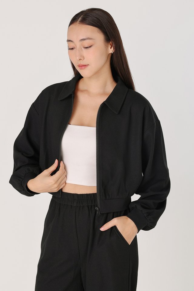 JOSIE WAFFLE KNIT COLLARED JACKET (BLACK)