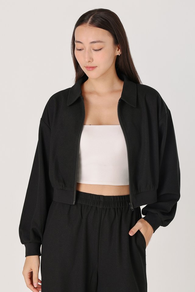 JOSIE WAFFLE KNIT COLLARED JACKET (BLACK)