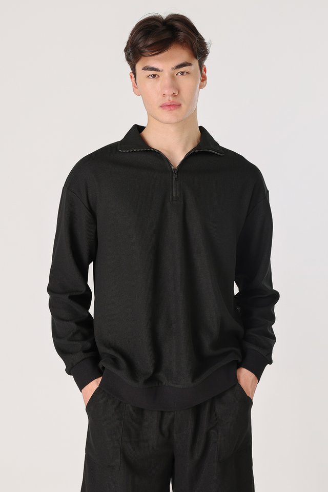 JONAH WAFFLE KNIT HALF-ZIP PULLOVER TOP (BLACK)