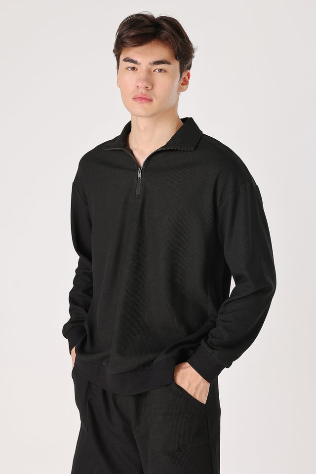 JONAH WAFFLE KNIT HALF-ZIP PULLOVER TOP (BLACK)