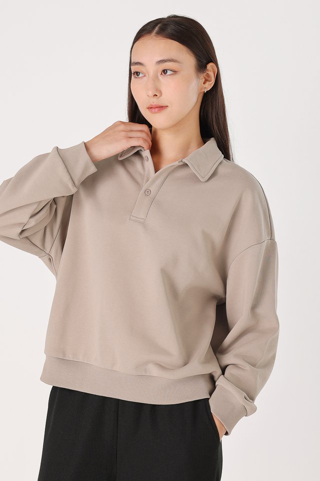 BRIANA COLLARED BUTTON PULLOVER TOP (ASH TAUPE)