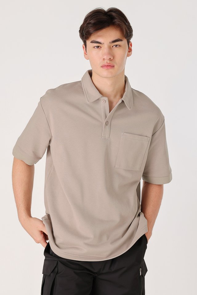 BENSON POLO COLLARED BUTTON TOP (ASH TAUPE)