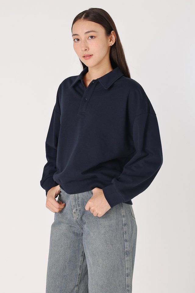 BRIANA COLLARED BUTTON PULLOVER TOP (NAVY)