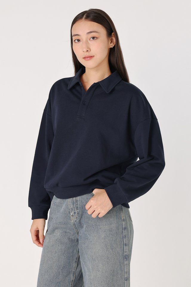 BRIANA COLLARED BUTTON PULLOVER TOP (NAVY)