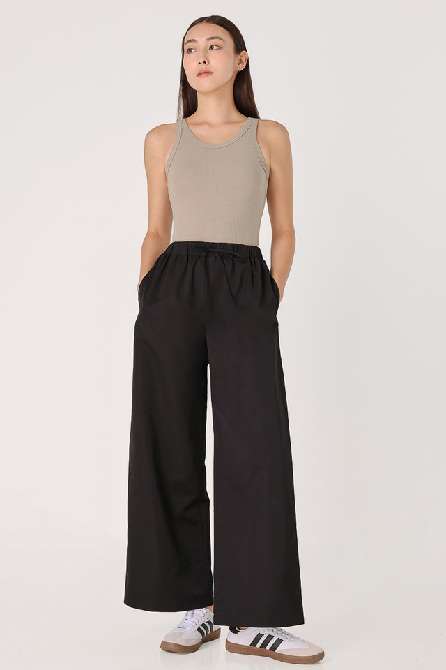 EDEN NYLON DRAWSTRING LOUNGE PANTS - PETITE (BLACK)