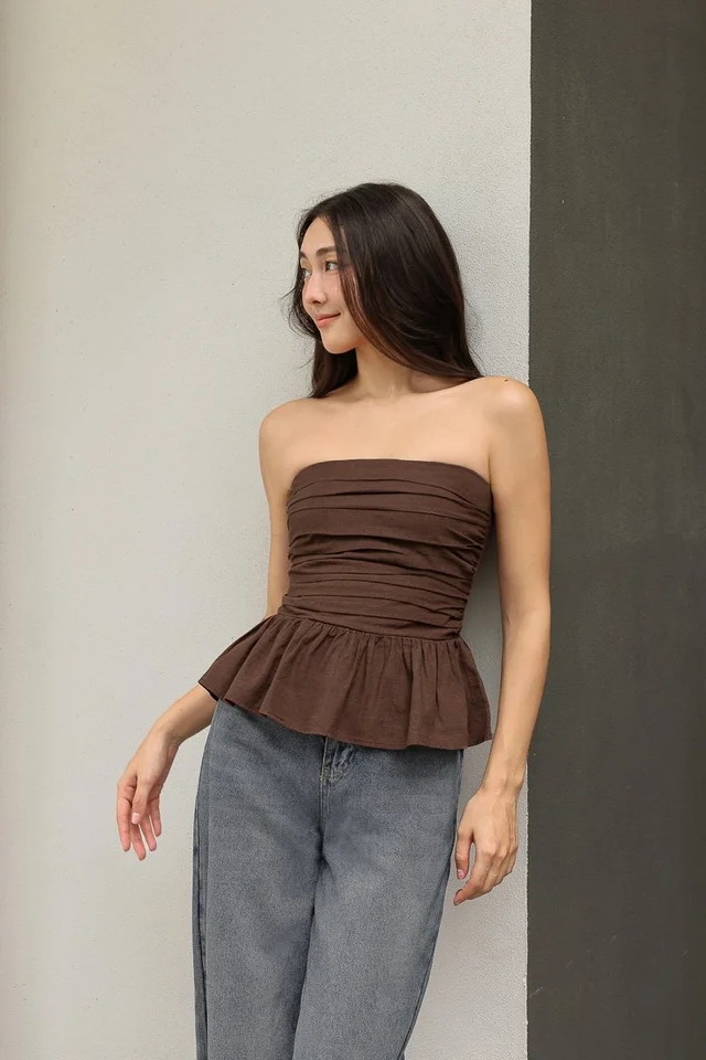 MAVIS PADDED LINEN RUCHED TWO-WAY PEPLUM TOP (ESPRESSO BROWN)