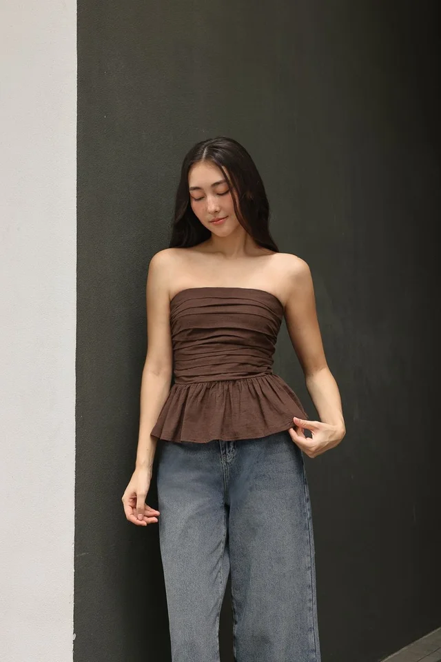MAVIS PADDED LINEN RUCHED TWO-WAY PEPLUM TOP (ESPRESSO BROWN)