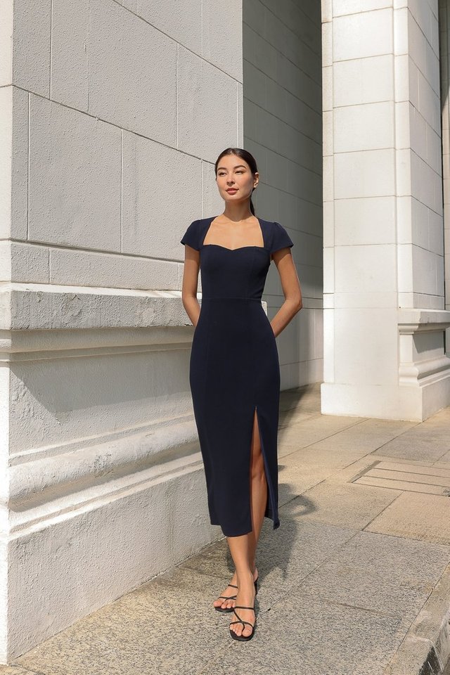 ORIELLE PADDED SWEETHEART MIDAXI SLIT DRESS (MIDNIGHT BLUE)