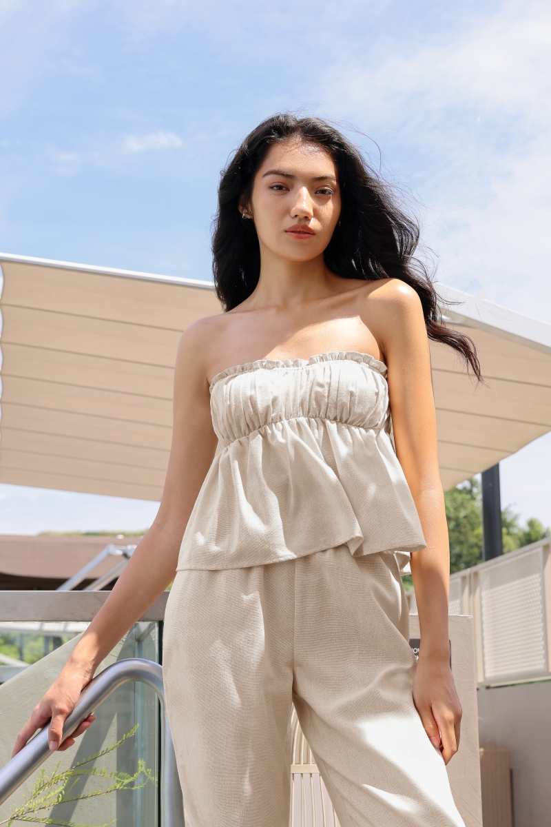 REYNA PADDED LINEN SWEETHEART BABYDOLL TUBE TOP (NATURAL) | Lovet