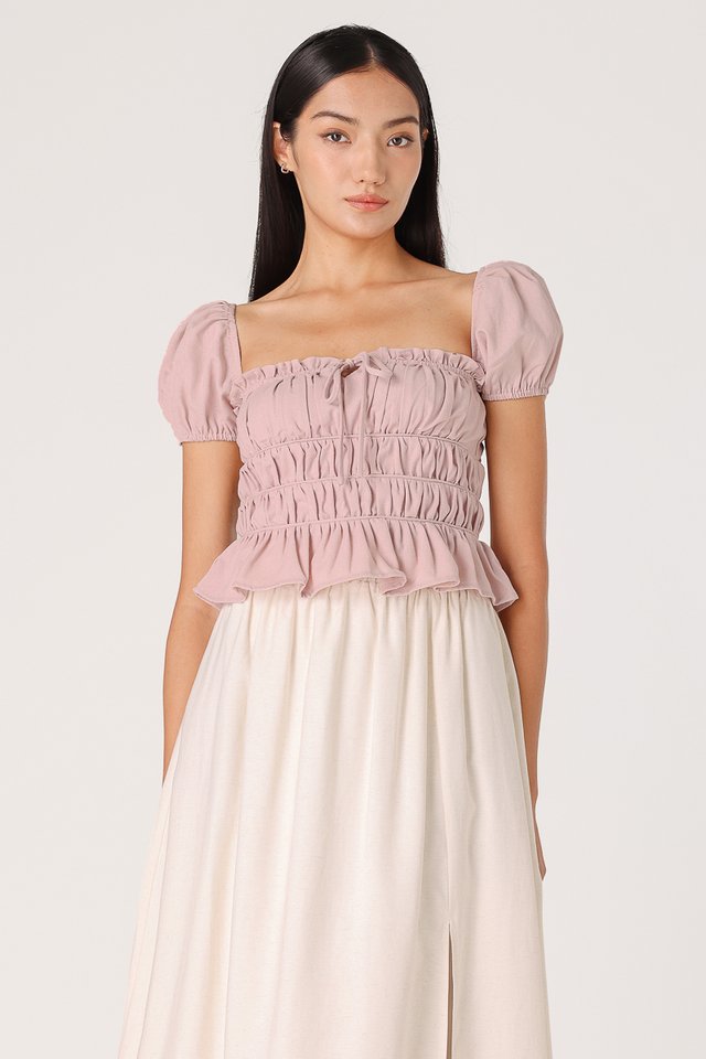 ELICIA PADDED LINEN RIBBON RUCHED TUBE TOP (PINK)