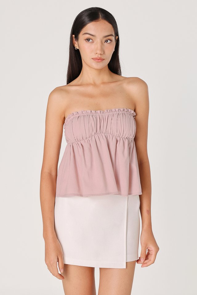 REYNA PADDED LINEN SWEETHEART BABYDOLL TUBE TOP (PINK)