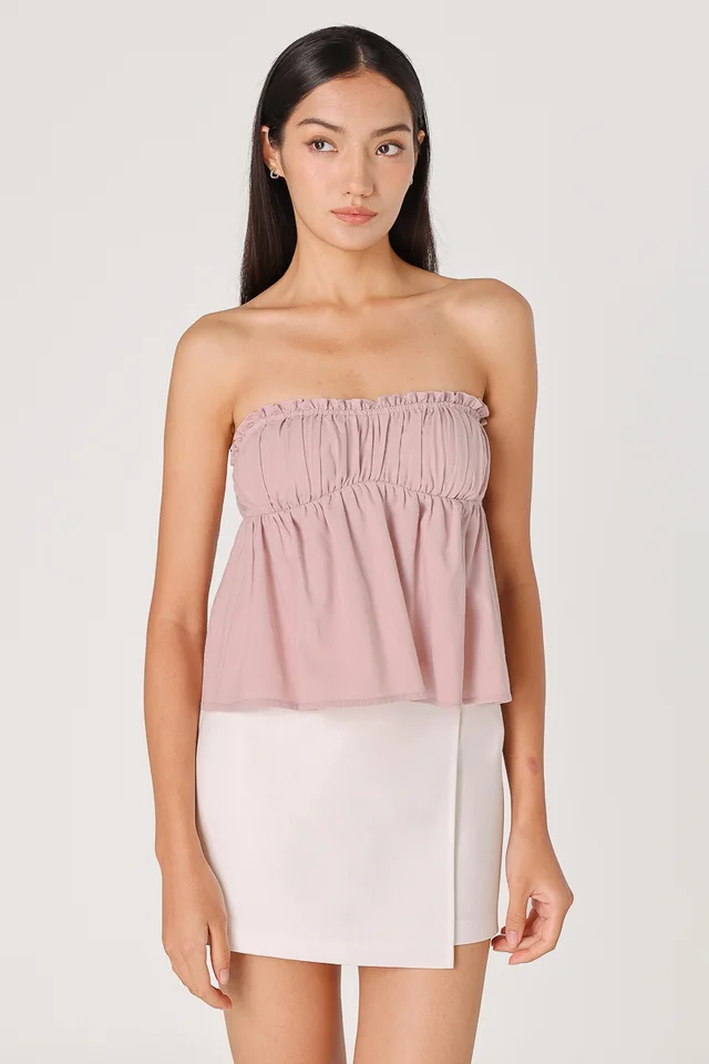 REYNA PADDED LINEN SWEETHEART BABYDOLL TUBE TOP (PINK)
