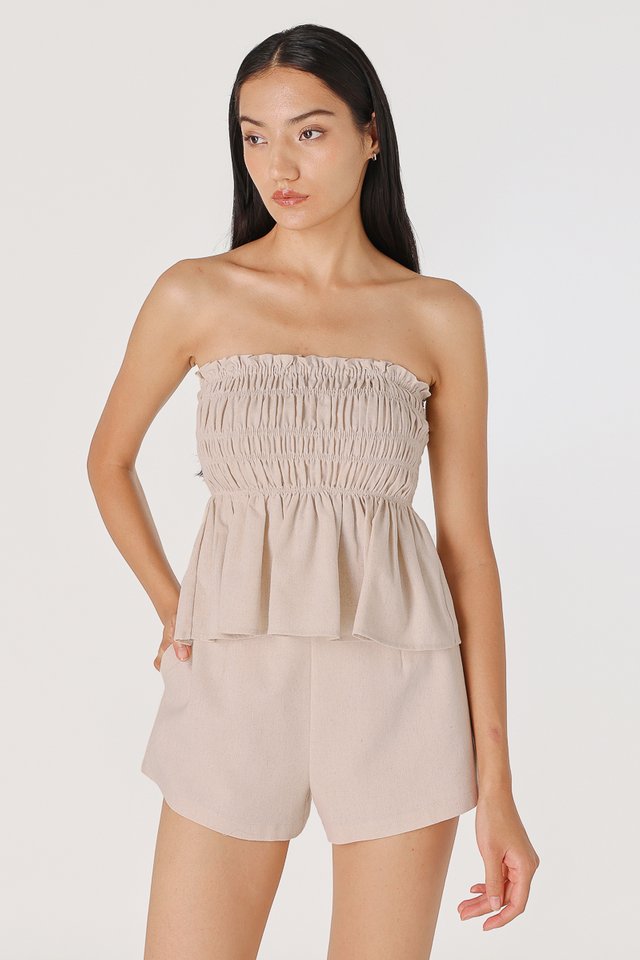 HAILEY PADDED LINEN SMOCKED TUBE TOP (NATURAL)