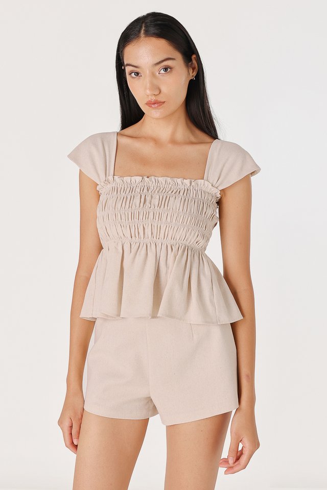 HAILEY PADDED LINEN SMOCKED TUBE TOP (NATURAL)