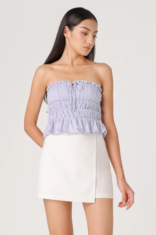 ELICIA PADDED LINEN RIBBON RUCHED TUBE TOP (BLUE)