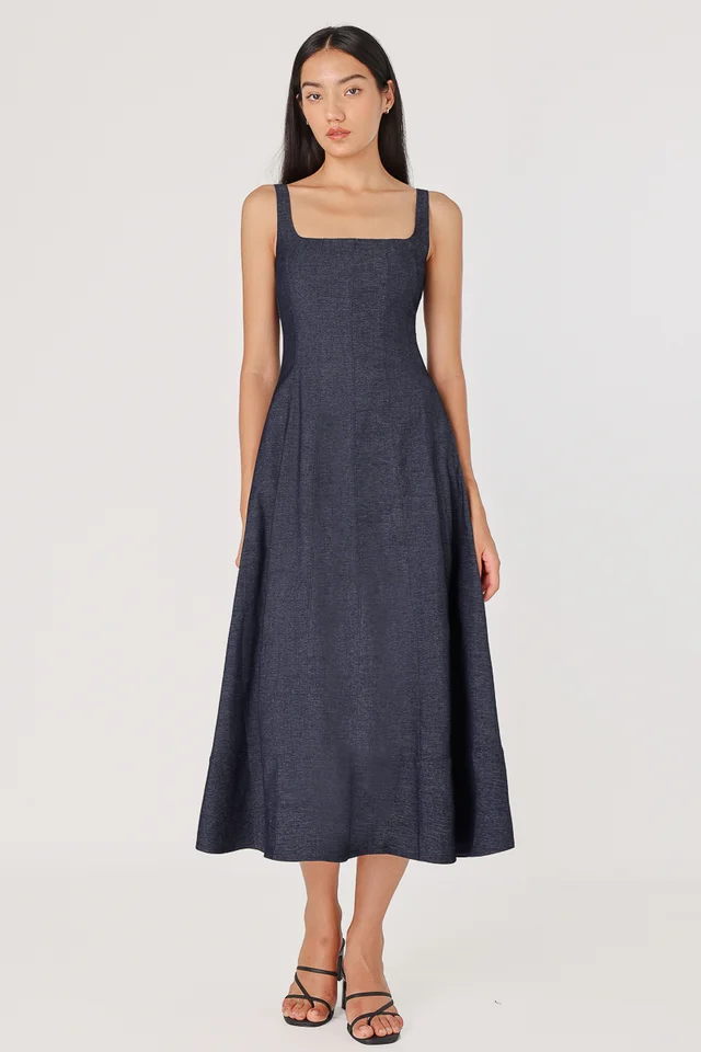 ADELIA PADDED PANELLED MIDAXI DRESS (BLUE DENIM)