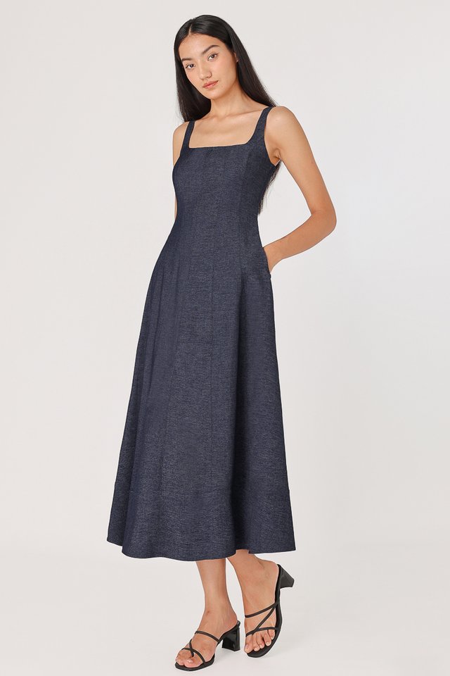 ADELIA PADDED PANELLED MIDAXI DRESS (BLUE DENIM)