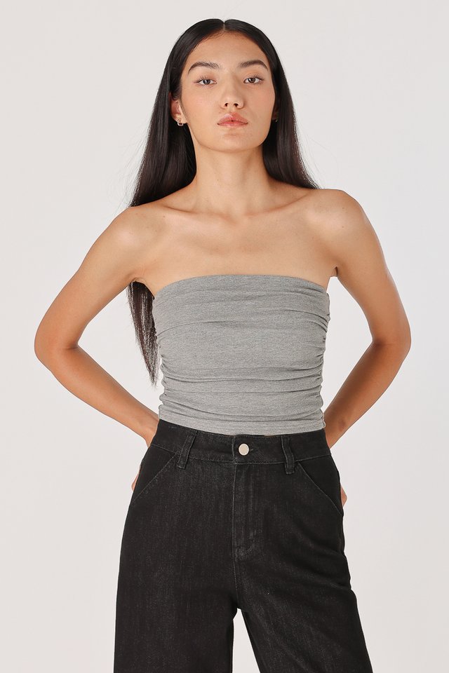 IVY PADDED SIDE RUCHED RIBBED TUBE TOP (HEATHER GREY) 