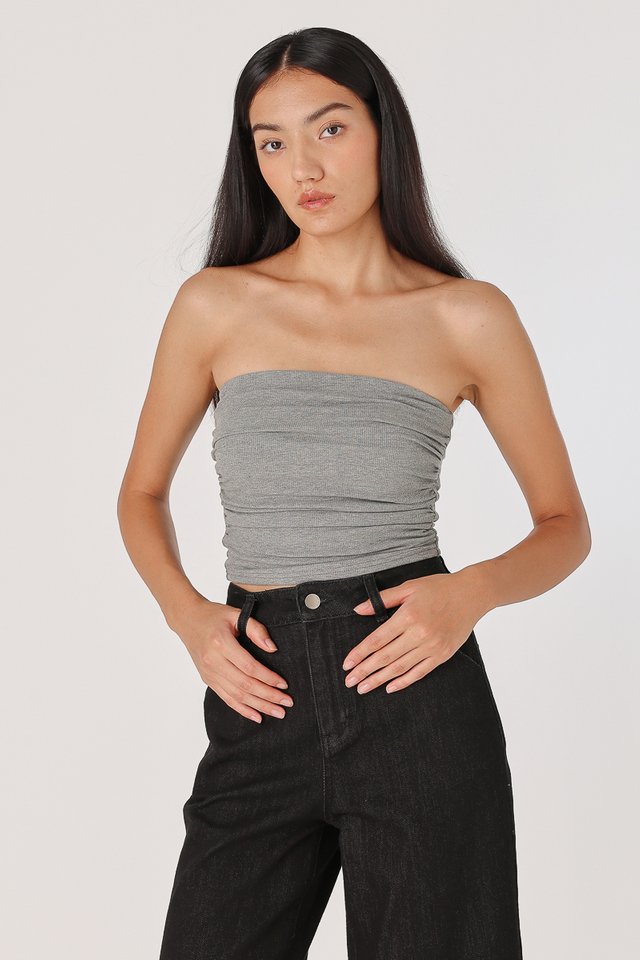 IVY PADDED SIDE RUCHED RIBBED TUBE TOP (HEATHER GREY) 