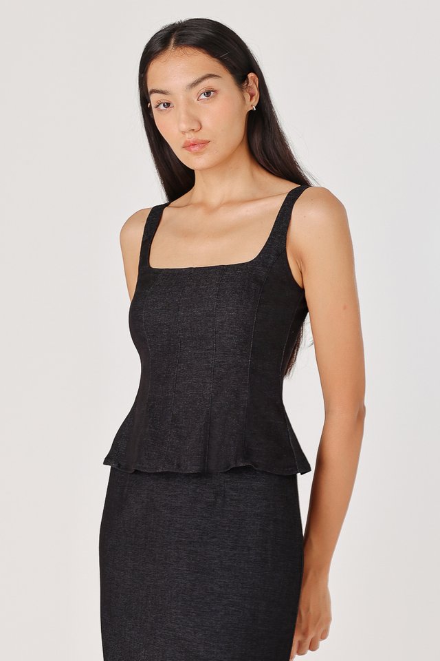 ADENA PADDED PANELLED TOP (BLACK DENIM)