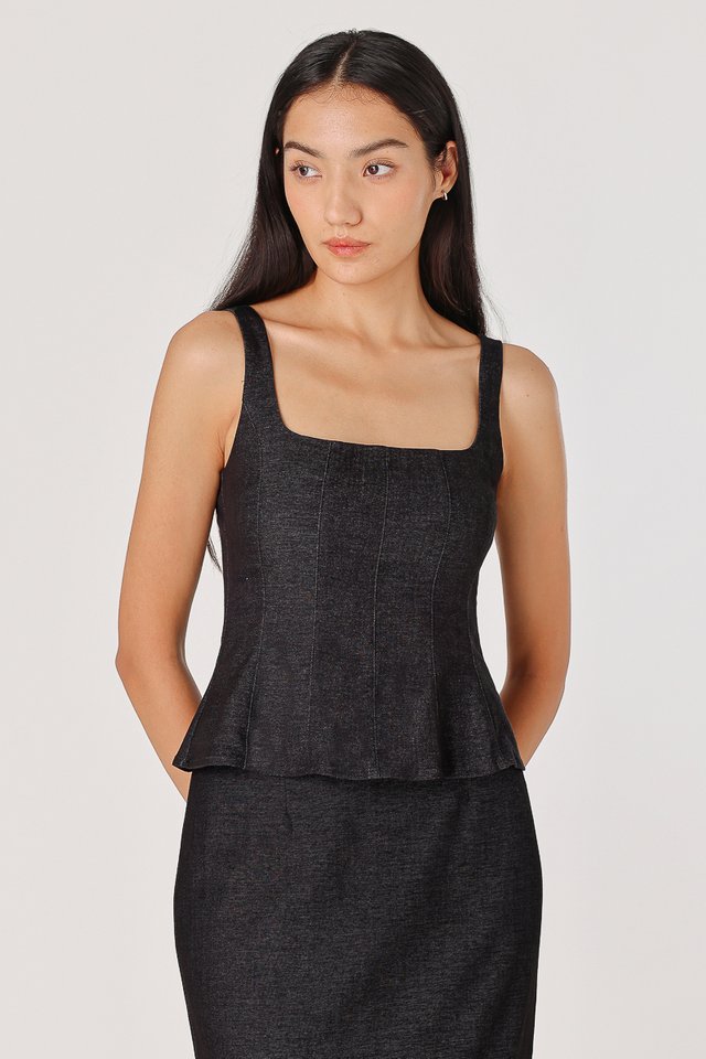 ADENA PADDED PANELLED TOP (BLACK DENIM)