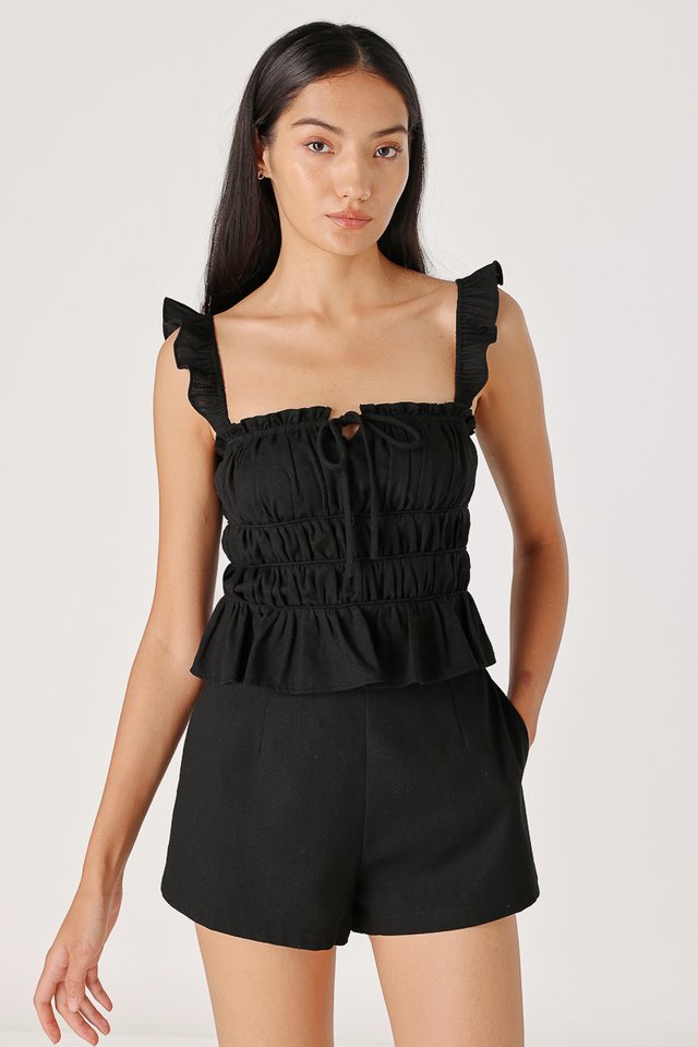 ELICIA PADDED LINEN RIBBON RUCHED TUBE TOP (BLACK)